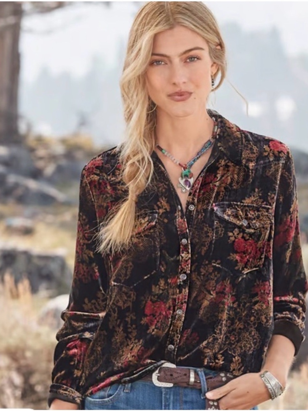 Sundance Anja velvet dark floral shirt, size L